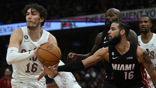 Nov 20, 2022; Cleveland, Ohio, USA; Cleveland Cavaliers forward Cedi Osman (16) looks to pass as Miami Heat forward Caleb Martin (16) defends during the second half at Rocket Mortgage FieldHouse. Mandatory Credit: Ken Blaze-USA TODAY Sports